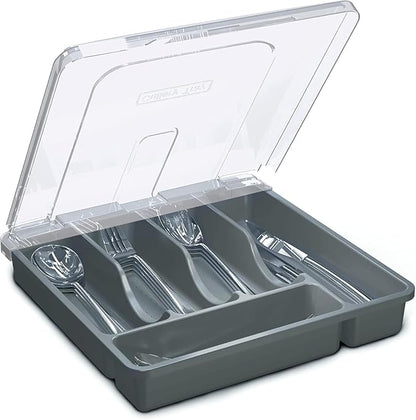 Utensil Holder for Countertop with Lid, Plastic Silverware Tray for Drawer (Gark Gray)