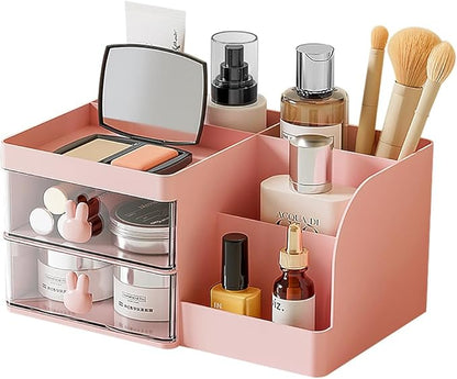 Makeup Storage Organizer with 2 Drawers, Desk Vanity Countertop Skin Care Cosmetic Display Case Make up Stands for Hair Accessories Lipstick Lotions Beauty Skincare Organizing (Pink)