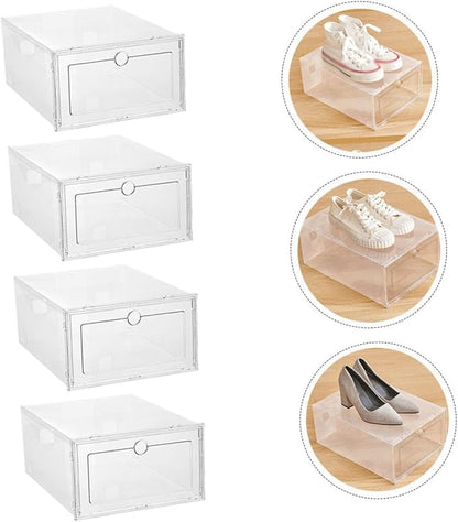 4pcs Transparent Shoe Storage Boxes Stackable Sneaker Organizer Container with Convenient Cover for High Heels Boots and Item Storage
