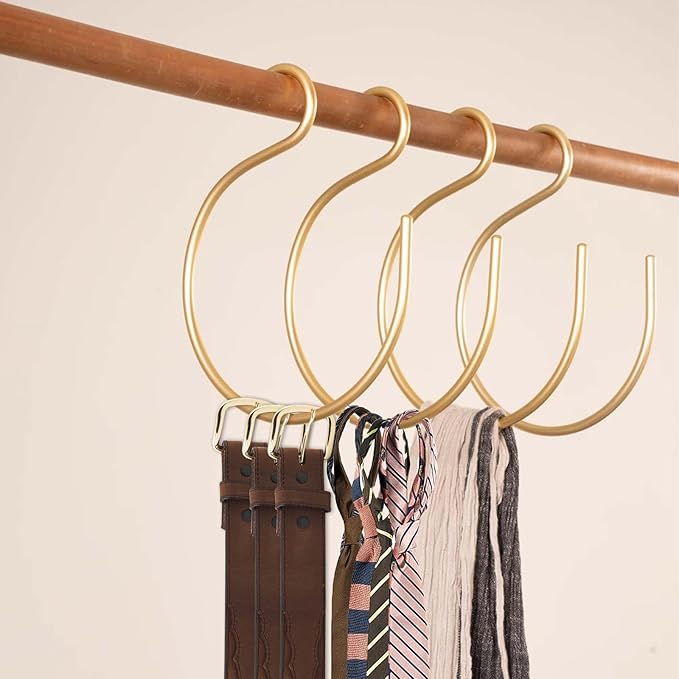 6Pcs Scarf Ring Hangers Gold, Belt Ring Hook Tie Rack Holders Closet Hanger Organizer Multi-Purpose S-Shaped Circle Storage Hook for Ties Scarves Baseball Cap Wardrobe Accessory Storage