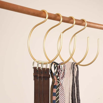 6Pcs Scarf Ring Hangers Gold, Belt Ring Hook Tie Rack Holders Closet Hanger Organizer Multi-Purpose S-Shaped Circle Storage Hook for Ties Scarves Baseball Cap Wardrobe Accessory Storage