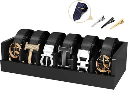 Belt Organizer for Closet - 6 Grids Black Bamboo Belt Storage Organizer Racks for Men Women's Drawer, Belt Display Holder Wall Mount with 2 Pcs Tie Clip