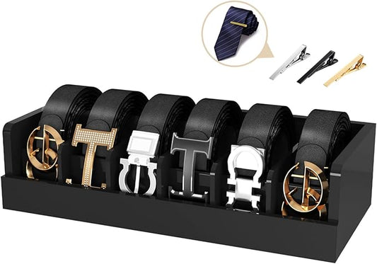 Belt Organizer for Closet - 6 Grids Black Bamboo Belt Storage Organizer Racks for Men Women's Drawer, Belt Display Holder Wall Mount with 2 Pcs Tie Clip