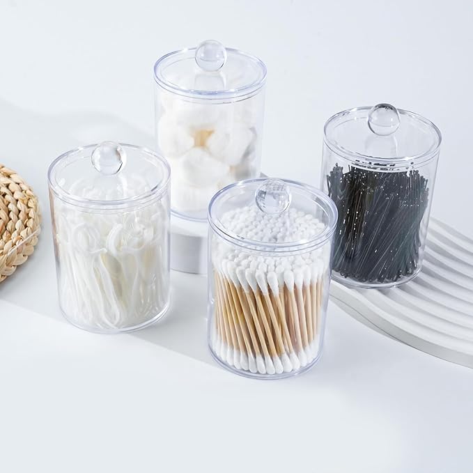 XIPENGKEJI 6 Pack Qtip Holder,Canister Apothecary Jar Set, Bathroom Jars with Lids Set for Cotton Swabs, Balls, Pads, Floss Picks,10oz-12oz Plastic Canisters Restroom Bedroom Vanity Organizer(Clear)