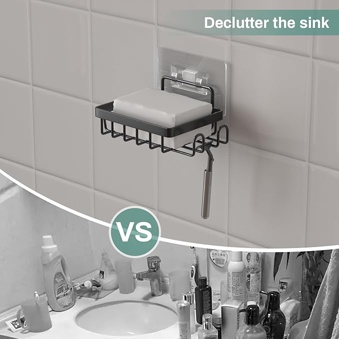 Adhesive Soap Bar Holder for Shower Wall, Self Draining Soap Dish Container Caddy Saver with 2 Hooks for Razor Loofah, Shampoo Sponge Tray Case Box for Bathroom Kitchen Sink, Black