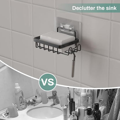 Adhesive Soap Bar Holder for Shower Wall, Self Draining Soap Dish Container Caddy Saver with 2 Hooks for Razor Loofah, Shampoo Sponge Tray Case Box for Bathroom Kitchen Sink, Black