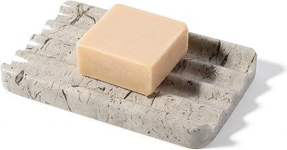 Koville Natural Grey Marble Soap Dish for Shower, Stone Soap Tray for Bathroom, Gray Bar Soap Holder for Sink, Stripe Grooves Soap Saver Stone Dish Keep Bars Dry Easy Clean