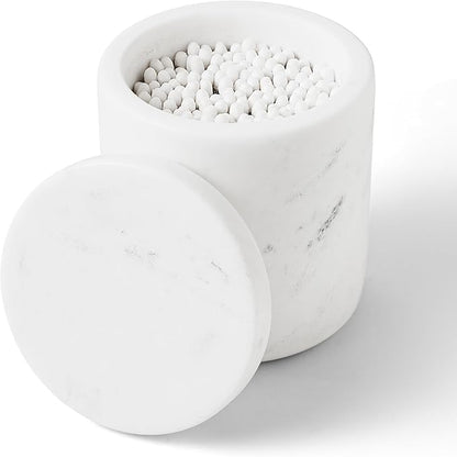 Marble Qtip Holder with Lid Natural Cotton Ball Container for Cotton Swabs,Makeup Sponges,Bath Salt Large Capacity Bathroom Canisters Jars for Countertop Storage and Organization White (WH051)