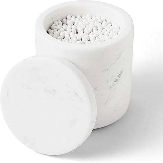 Marble Qtip Holder with Lid Natural Cotton Ball Container for Cotton Swabs,Makeup Sponges,Bath Salt Large Capacity Bathroom Canisters Jars for Countertop Storage and Organization White (WH051)