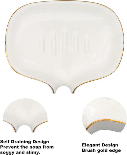 White Soap Dish Ceramic Self Draining Soap Dish Waterfall Slot Gold Edge Bathroom Accessories for Bathroom, Kitchen,Bar Counter