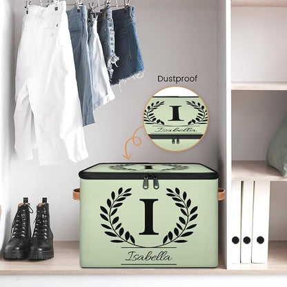 Custom Storage Bins with Lid, Initial Name Personalized Storage Basket Boxes, Eucalyptus Leaves Foldable Closet Organizer Cube, Sage Green