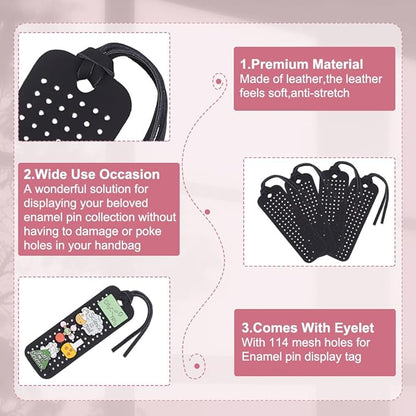 8 Sets Portable Leather Brooch Pin Display Holder, 4.72 x 1.57 Inch Rectangular Black Brooch Pin Storage Holder Enamel Pins Display Organizer With Rope for Jewelry Brooch Pins