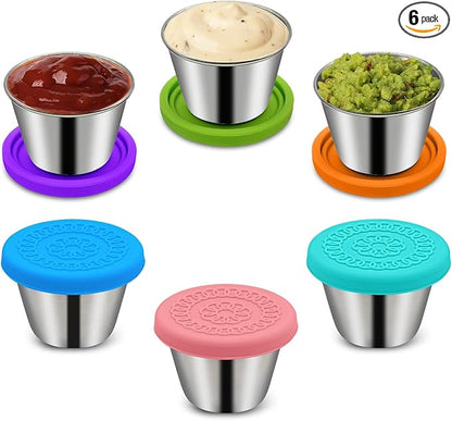 6Pack 2.4oz Salad Dressing Container To Go, Small Stainless Steel Condiment Containers with Silicone Lids, Leakproof Reusable Dipping Sauce Cups for Lunch Box