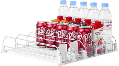 Drink Organizer for Fridge-White Automatic Pusher Glide,12oz 16oz 20oz-Soda Dispenser for Fridge-Holds up to 25 Cans