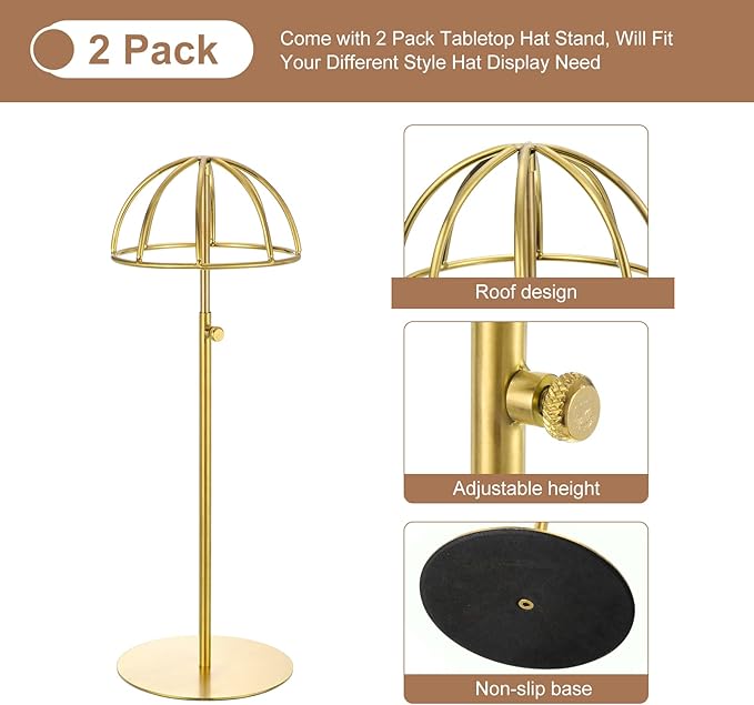 uxcell Metal Hat Display Stand 2 Pack Adjustable Tabletop Hat and Wig Rack Holder for Baseball Cap, Fedora Hat, Cowboy Hat - Gold
