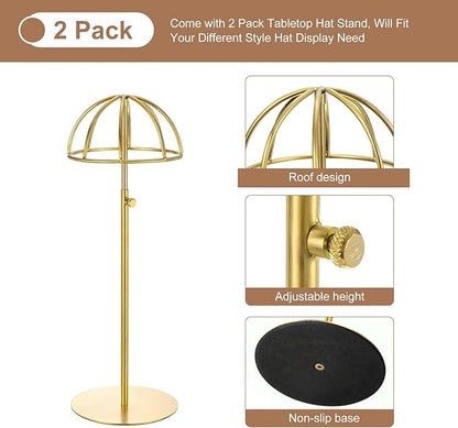 uxcell Metal Hat Display Stand 2 Pack Adjustable Tabletop Hat and Wig Rack Holder for Baseball Cap, Fedora Hat, Cowboy Hat - Gold