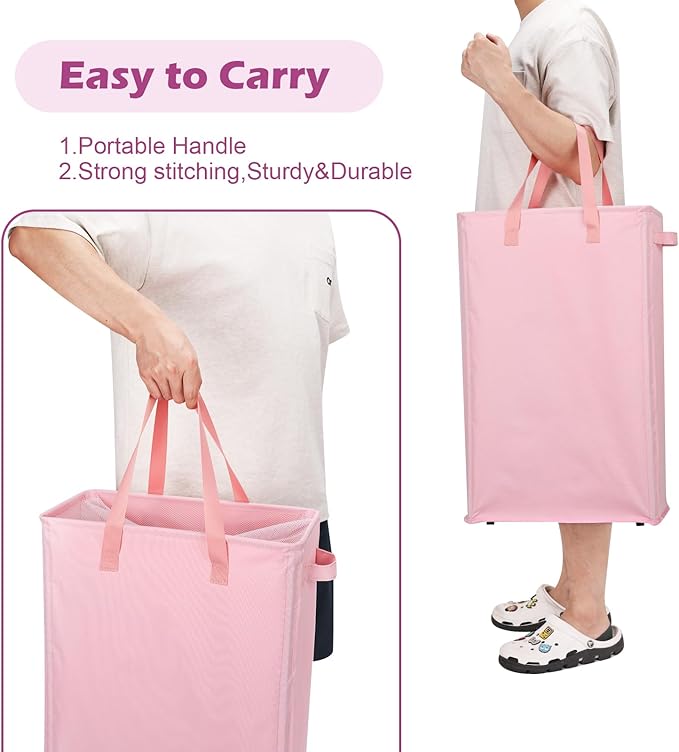 Odonata Slim Laundry Hamper Handles Collapsible Laundry Basket Thin Dirty Clothes Basket Narrow Laundry Bag Foldable Dirty Hamper 45L (Pink)