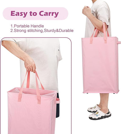 Odonata Slim Laundry Hamper Handles Collapsible Laundry Basket Thin Dirty Clothes Basket Narrow Laundry Bag Foldable Dirty Hamper 45L (Pink)