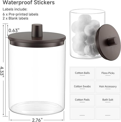 3 Pack Glass Qtip Holder Dispenser- 10 oz Clear Canister Apothecary Jar, Bathroom Vanity Storage Organizer Set for Cotton Swabs, Pads, Floss Picks, Small Containers for Makeup Storage (Brown)