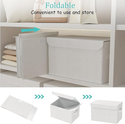 Fabric Storage Bin with Lid, Closet Boxes with Cover, Collapsible Stackable Organizer Basket with 2 Handles, for Home and Bedroom, 2 Pack, White, 10.2 x 7.9 x 6.7 In, XSNY12WS-2