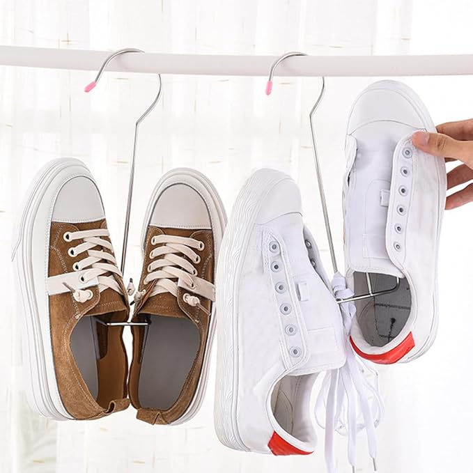 Cabilock Stainless Steel Hanging Shoe Organizer Rack U-Shaped Multi-Function Slippers Drying Hanger for Balcony and Closet, 5pcs with Plastic Caps Random Color Random Color