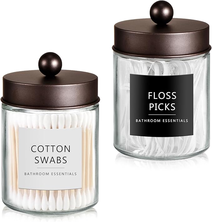 SheeChung 2 Pack Qtip Holder Dispenser - Glass Apothecary Jars with Rust-Proof Stainless Steel Lids - Modern Farmhouse Bathroom Vanity Organizer for Cotton Swabs, Balls, Pad (Bronze,1Pack)