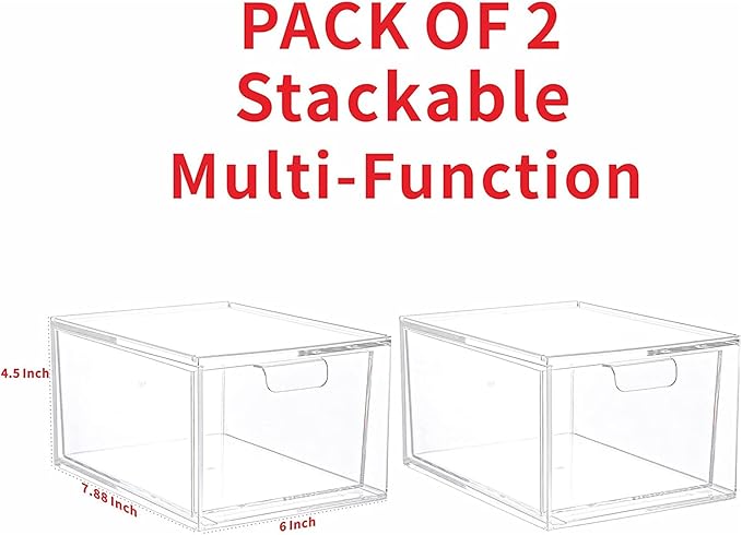 Yieach 2 Pack Stackable Makeup Organizer - 4.5'' Tall Acrylic Cosmetic Display Case - Clear Plastic Storage Bins For Vanity, Under Cabinets, Pantry Organization