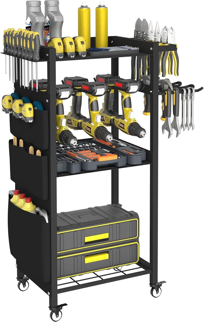 4-Tier Rolling Power Tool Organizer Storage Cart, Garage Organization on Wheels Tool Cart with Drill Set Rack Shelf, Mechanic Utility Cart for Workbench & Outdoors Working, Gift for Men Dad