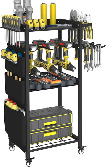 4-Tier Rolling Power Tool Organizer Storage Cart, Garage Organization on Wheels Tool Cart with Drill Set Rack Shelf, Mechanic Utility Cart for Workbench & Outdoors Working, Gift for Men Dad