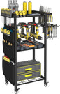 4-Tier Rolling Power Tool Organizer Storage Cart, Garage Organization on Wheels Tool Cart with Drill Set Rack Shelf, Mechanic Utility Cart for Workbench & Outdoors Working, Gift for Men Dad