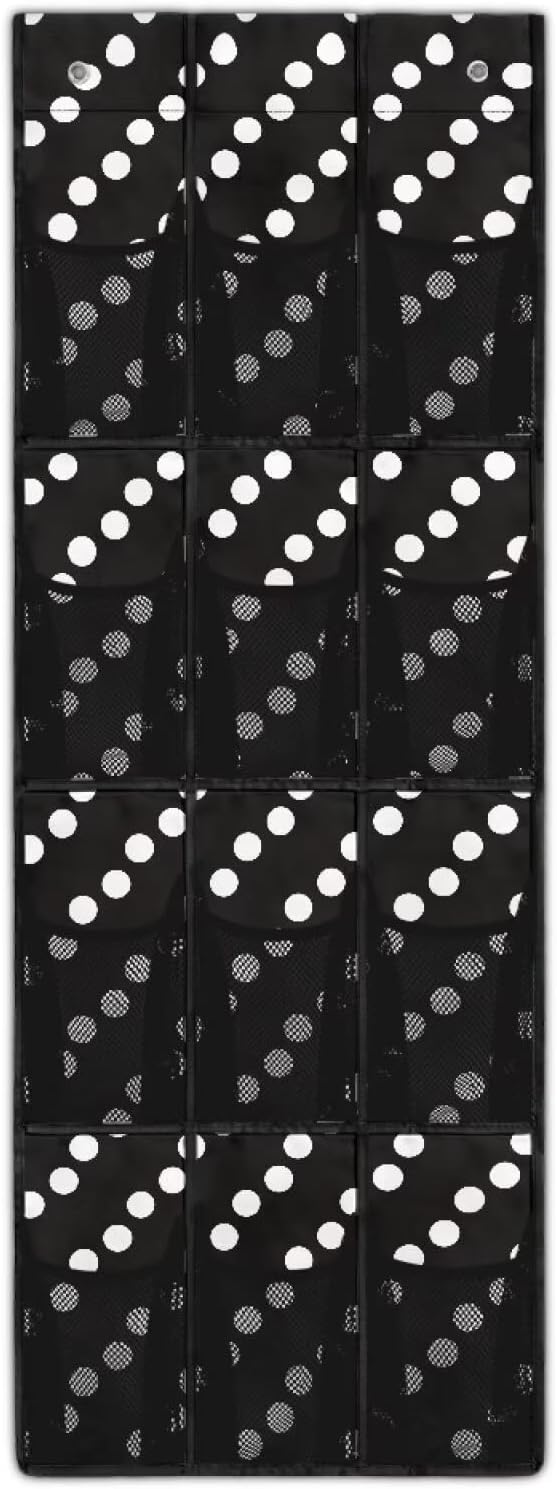 12-Pocket Waterproof Oxford Cloth Storage Hanging Bag Behind The Door, Foldable Large Capacity Organizer for Bathroom Closet Bedroom and Pantry Door, Dots Print Black