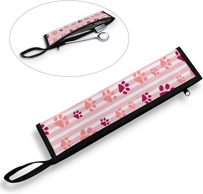 COEQINE Utensil Case Pink Flatware Case for Women Cute Paw Print Cutlery Storage Bag Travel Silverware Cloth Bags for Travel Portable
