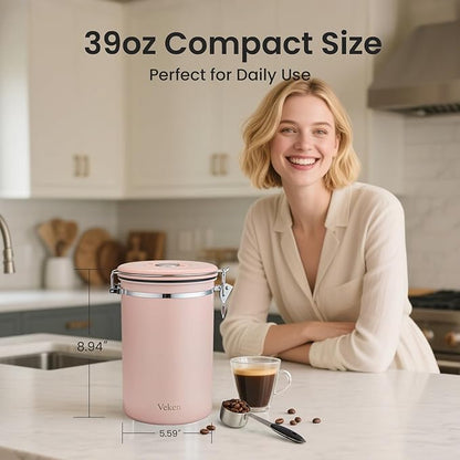 Veken Coffee Canister, 39OZ Large, Airtight Stainless Steel Food Storage Container for 2.2lbs Coffee Beans, Ground, Sugar, Tea, Cookie,Flour, Kitchen Bar Accessories with Date Tracker & Scoop, Pink