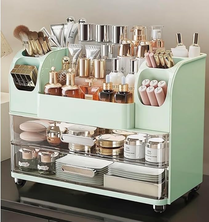 Tiered Makeup Organizer, Mint Green Cosmetic Storage Display Case with Brush Holder, Vanity Beauty Product Storage System