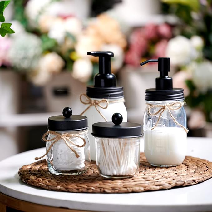 Amolliar Mason Jar Bathroom Vanity Organizer - Farmhouse Decor Qtip Dispenser Holder Canister Glass - 8oz Mason Jars &Stainless Steel Lids for Q-tips,Cotton Swabs,Rounds,Bath Salts,Ball/Black,2-Pack