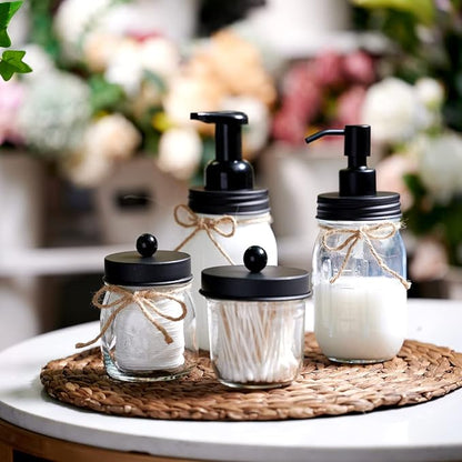 Amolliar Mason Jar Bathroom Vanity Organizer - Farmhouse Decor Qtip Dispenser Holder Canister Glass - 8oz Mason Jars &Stainless Steel Lids for Q-tips,Cotton Swabs,Rounds,Bath Salts,Ball/Black,2-Pack