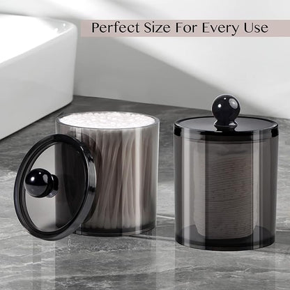 Qtip Holder Bathroom Set with Tray(4PCS) - 3 Pack Acrylic Plastic Apothecary Jars Qtip Dispenser Canister with Lid and Labels, 1 Pack Vanity Tray, for Cotton Ball, Cotton Swab (Black)