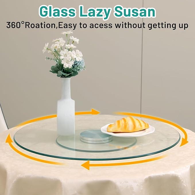 36-Inch Lazy Susan Turntable for Dining Table, 1/3" Thickness Tempered Glass, 360° Rotation, Anti-Tip Design with 6 Rotating Wheels, Perfect for Parties, Weddings, and Family Dinners (36 inch)