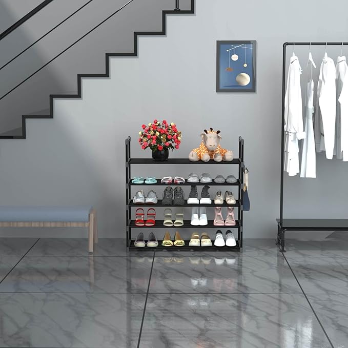 Hsscblet 5 Tiers Metal Shoe Rack,Adjustable Shoe Shelf Storage Organizer with Hooks,Stackable Boot & Shoe Storage,for Entryway,Hallway,Closet,Black