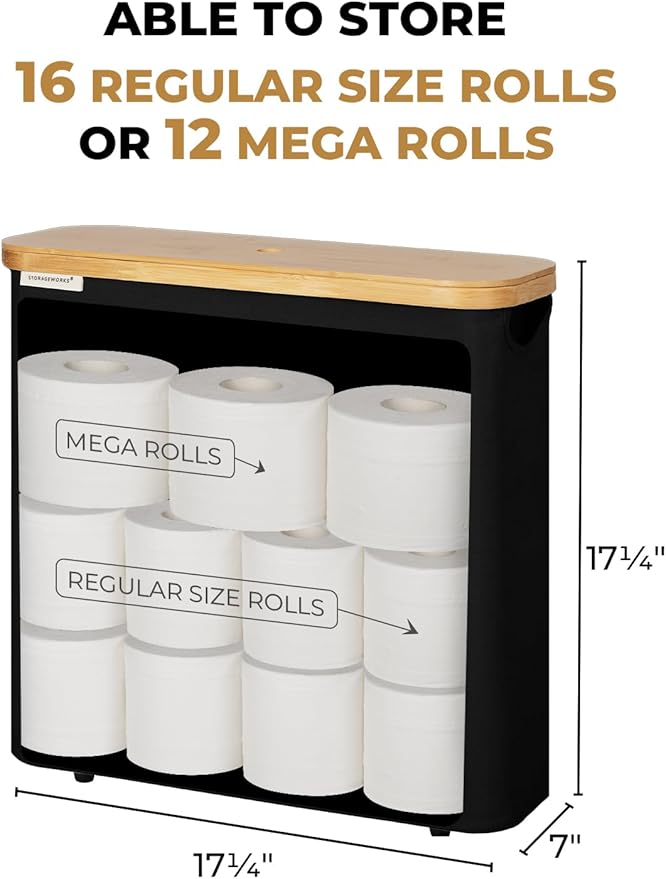 StorageWorks Large Toilet Paper Storage with Bamboo Lid, Toilet Paper Holder Basket for Up to 12 Mega or 16 Regular Size Rolls, Paper Storage Baskets for Bathroom, Black, 1 Pack