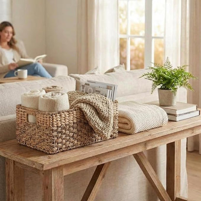 Medium Wicker Storage Baskets with Handles, Natural Seagrass and Hyacinth Woven Storage Basket for Organizing Shelves, Bedroom, Pantry, Rectangular, 15.5 x 9.5 x 6.5 Inches