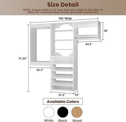 ROOMTEC Modular Closet System, 102" Wall Mounted Modern Closet Organizer with Hanging Rods and Shoe Shelf, Wooden Tower for Walk-In Closets, Wardrobe Storage Kit, White