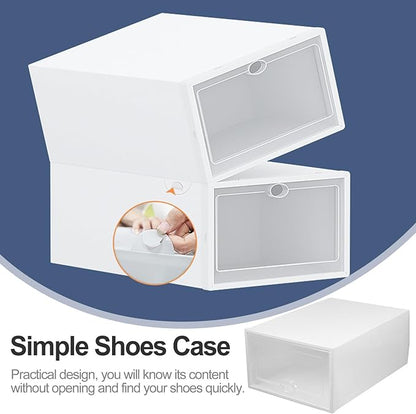 GLEAVI 6 Pcs Plastic Shoe Boxes with Flip- Design, Stackable Shoe Storage Organizer for Closet and Home, White 33x23x14cm
