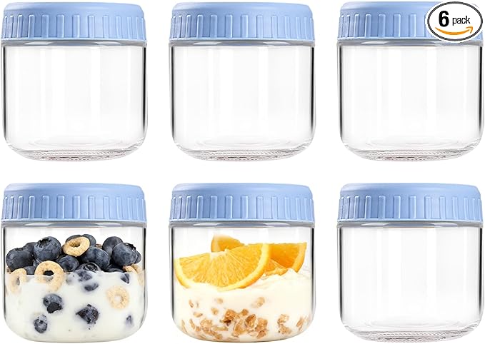 Overnight Oats Containers with Lids, 10oz Wide Mouth Mason Jars with Lids, 6 Pack Glass Jars with Airtight lid for Chia Pudding Yogurt Salad, Meal Prer Oatmeal Jars, Blue