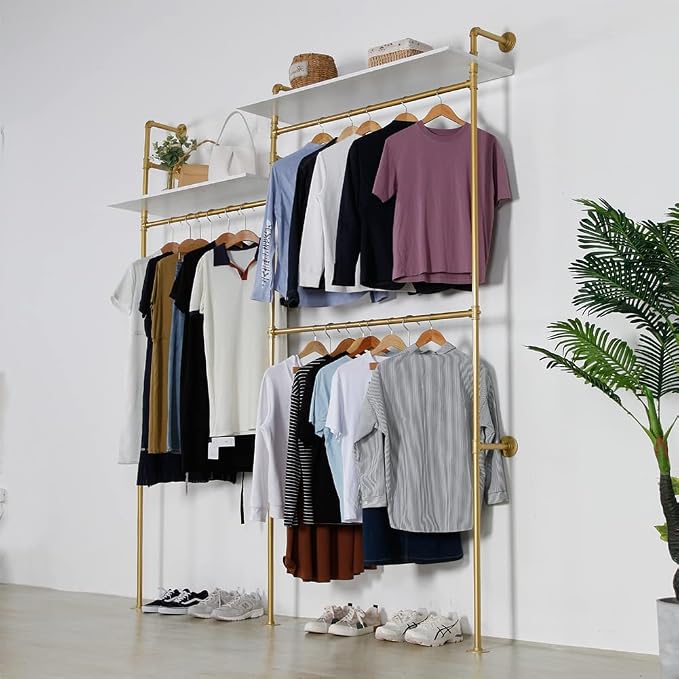 Industrial Pipe Clothing Rack Wall Mounted, Heavy Duty Hanging Clothes Rack Clothing Store Display Stands Garment Rack Closet System, 2 Tier Wood Garment Rack (Gold, 96.5x80.7inch)