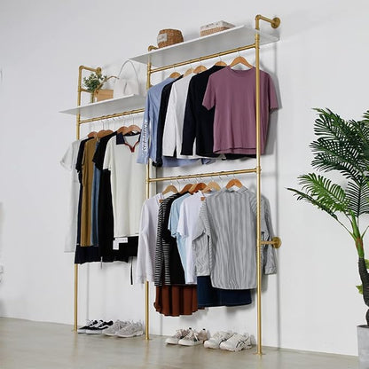 Industrial Pipe Clothing Rack Wall Mounted, Heavy Duty Hanging Clothes Rack Clothing Store Display Stands Garment Rack Closet System, 2 Tier Wood Garment Rack (Gold, 96.5x80.7inch)
