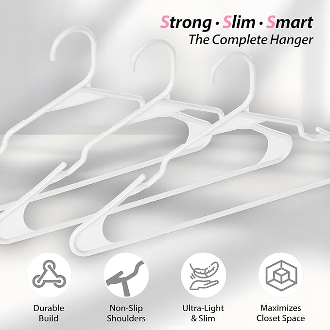 Plastic Hangers for Clothes - Durable & Versatile Color, Coat, Shirt & Pants Hangers - Space Saving Closet Storage Organizer Essentials with Non-Slip for Home, Dorm, Apartment (White, 50 Pack)