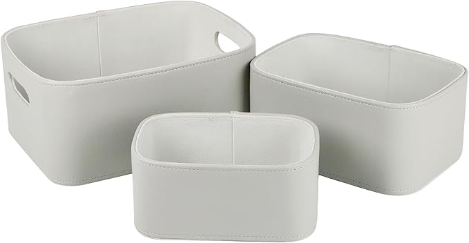 HofferRuffer Faux Leather Storage Baskets Bins with Velvet Lining for Organizing, Storage, Gifts, Set of 3 Nesting Shelf Baskets Decorative Storage Boxes for Home Organization (Grey)