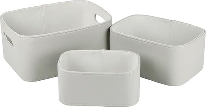 HofferRuffer Faux Leather Storage Baskets Bins with Velvet Lining for Organizing, Storage, Gifts, Set of 3 Nesting Shelf Baskets Decorative Storage Boxes for Home Organization (Grey)