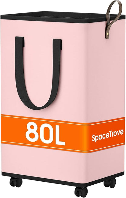 SpaceTrove Laundry Basket with Wheels, Collapsible Laundry Baskets, Laundry Hamper with Handles Detachable Wheels, Rolling Laundry Basket, Dirty Clothes Hamper for Bathroom, Dorm, Bedroom, Pink, 80L